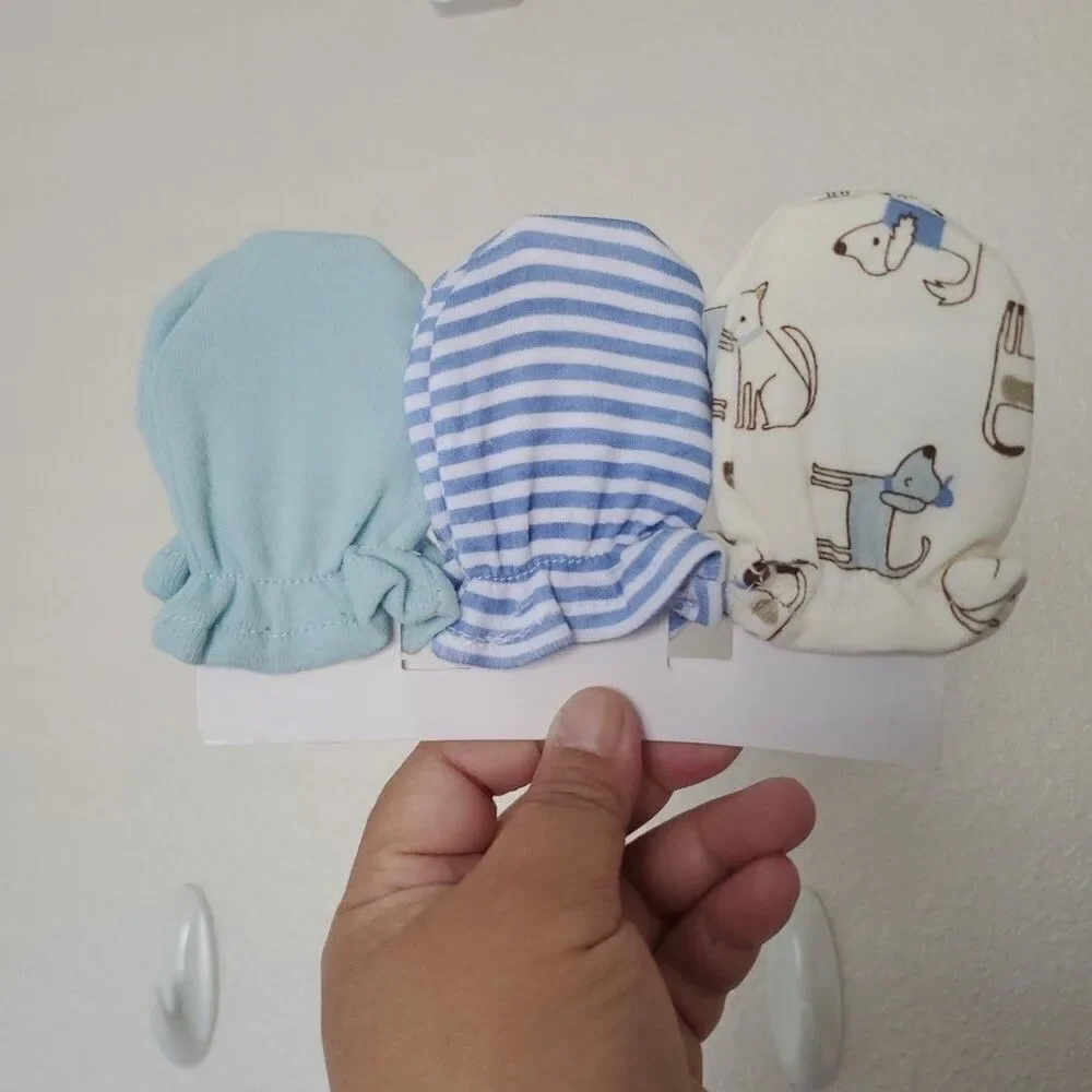 Boy’s Newborn Child Mittens, 3 pack Doggie Stripes and Solid Cream Blue Green